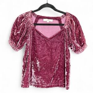 LOFT Women's Crushed Coquette Velvet Blouse Pink Rose Valentines Day Puff Sleeve